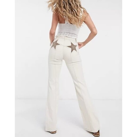 Free People Firecracker high waist flares in ivory Ecru Size 31 NEW - Picture 1 of 9
